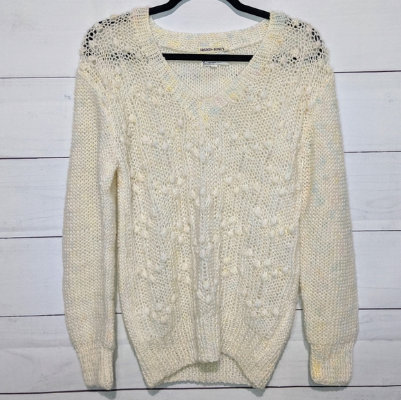 Vintage Sweaters - Vintage Ivory Cotton Candy Hand Knit Sweater